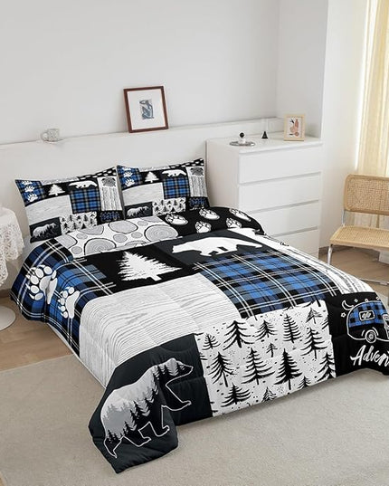 Manfei Bear Paws Comforter Set Twin Size,Pine Trees Geometric Plaids Patchwork Bedding Set for Kids Boys Girls Adults Room Decor,Hunting Adventure Down Comforter,Blue Rustic Duvet Insert,1 Pillowcase - LeafyLoom