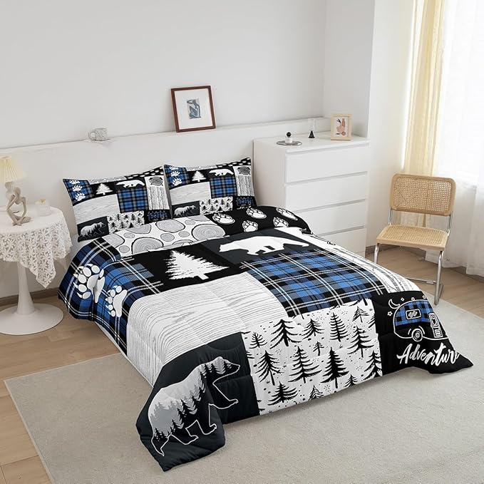 Manfei Bear Paws Comforter Set Twin Size,Pine Trees Geometric Plaids Patchwork Bedding Set for Kids Boys Girls Adults Room Decor,Hunting Adventure Down Comforter,Blue Rustic Duvet Insert,1 Pillowcase - LeafyLoom