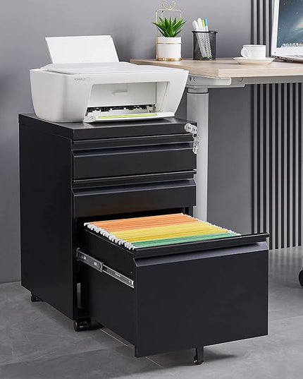 3-Drawer Mobile Lock and 5 Casters,Pre-Assembled Metal Office Storage Filing Cabinets w/ 1 Removable Hanging Rods,for Legal/Letter Size,Black - LeafyLoom