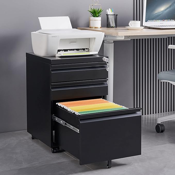 3-Drawer Mobile Lock and 5 Casters,Pre-Assembled Metal Office Storage Filing Cabinets w/ 1 Removable Hanging Rods,for Legal/Letter Size,Black - LeafyLoom