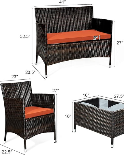 Goplus 4-Piece Rattan Patio Set, Outdoor/Indoor Wicker Conversation Set for Pool, Backyard, Lawn, Wicker Chairs and Sofa with Soft Cushion, Rattan Furniture with Tempered Glass Coffee Table - LeafyLoom