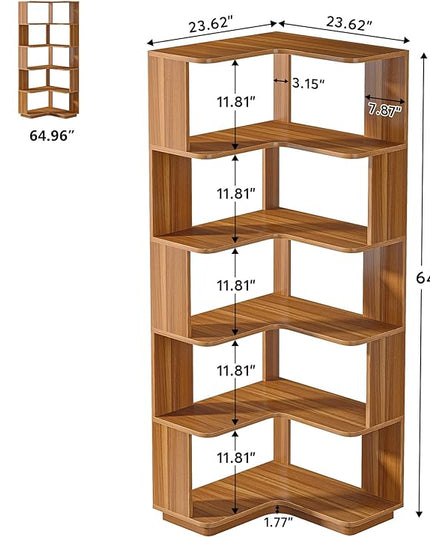 6-Shelf Corner Bookshelf, 65” Tall L Shaped Bookcase, 6-Tier Industrial Corner Shelf Storage Display Rack for Living Room Home Office, Wood Grain Walnut - LeafyLoom