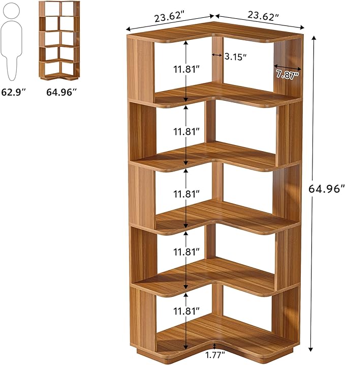 6-Shelf Corner Bookshelf, 65” Tall L Shaped Bookcase, 6-Tier Industrial Corner Shelf Storage Display Rack for Living Room Home Office, Wood Grain Walnut - LeafyLoom