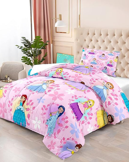 Princess Comforter Sets Twin for Girls, Cute Princess Bedding Comforter Sets, Pink Twin Size Comforter Set for Girls Kids Twin Bedding Set with 1 Pillowcase - LeafyLoom
