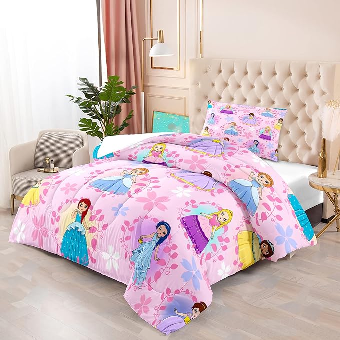 Princess Comforter Sets Twin for Girls, Cute Princess Bedding Comforter Sets, Pink Twin Size Comforter Set for Girls Kids Twin Bedding Set with 1 Pillowcase - LeafyLoom