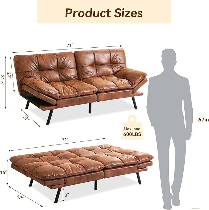 Convertible Couch Bed,Memory Foam Futon Sleeper Sofa Sofabed, Standard Brown - LeafyLoom