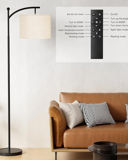 Ambimall Floor Lamp with Remote Control and Stepless Dimmable Bulb, Colors Temperature & Brightness Adjustable, Modern Floor Lamps for Living Room（Dark Beige Shade & Black Pole） - LeafyLoom