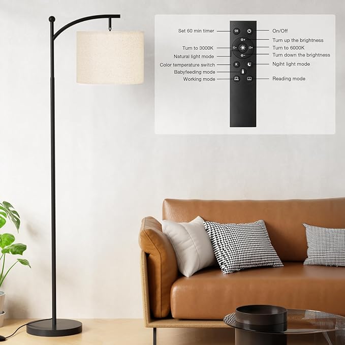 Ambimall Floor Lamp with Remote Control and Stepless Dimmable Bulb, Colors Temperature & Brightness Adjustable, Modern Floor Lamps for Living Room（Dark Beige Shade & Black Pole） - LeafyLoom