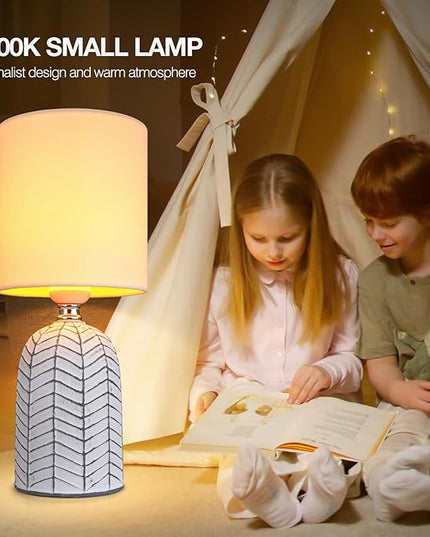 AIDENOEY Small Table Lamp for Bedroom -Bedside Desk Reading Lamps with 3 Way DimmableTouch Control,Nightstand Ceramic Lamp with Fabric Shade for Kids Room,Living Room,Dorm,Home Office(Grey+White) - LeafyLoom