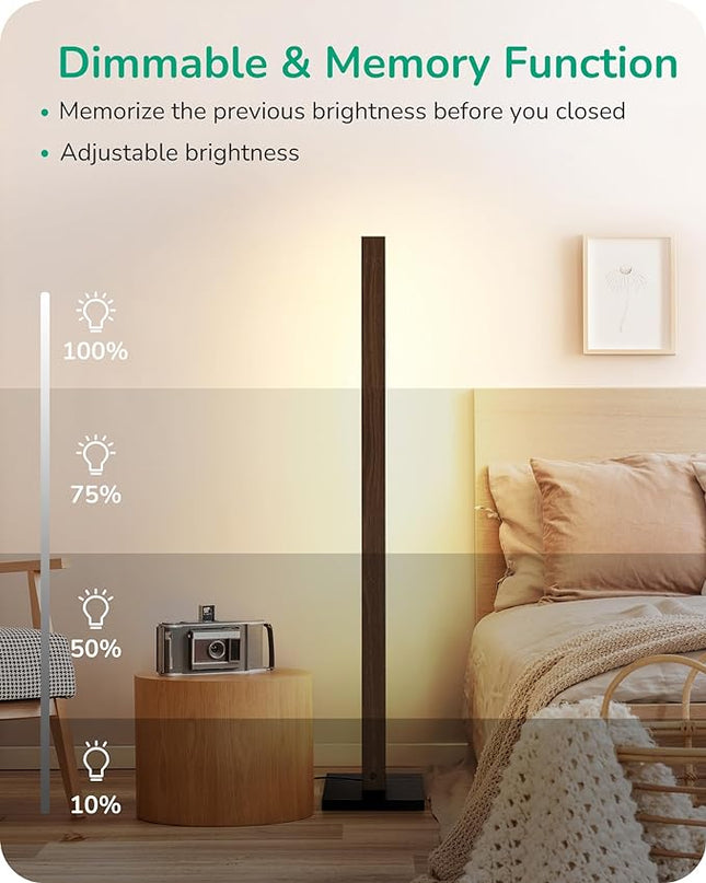 EDISHINE Wooden LED Corner Floor Lamp, Minimalist Dimmable Stick Light with Remote, Modern Standing Light for Living Room, Bedroom, Office, 7 Color Temperature 2700~6000K, 46" - LeafyLoom