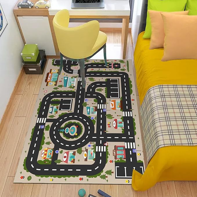 Analog ABC Kids Rug Playroom Car Rug Play Mat City Life Road Rug for Cars Fun City Map for Carpet for Bedroom Boys (78 * 118 inches, Evening City) - LeafyLoom