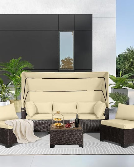 6 PCS Outdoor Patio Furniture Set,Sectional Sofa Set,Rattan Daybed with Retractable Canopy,Adjustable Backrest,Storage Coffee Table,Chaise Chair Sunbed for Porch Garden Poolside Backyard(Beige) - LeafyLoom