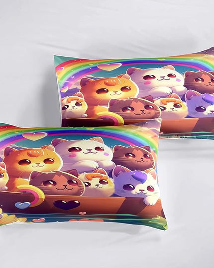 Kids Cat Comforter Set - Cat Bedding Set Full Size Cat Comforter Cartoon Cat Rainbow Printed Bedding Sets for Kids Girls Kawaii Cat Quilt Set, 1 Comforter+2 Pillowcases - LeafyLoom