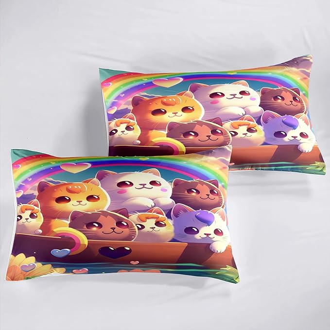 Kids Cat Comforter Set - Cat Bedding Set Full Size Cat Comforter Cartoon Cat Rainbow Printed Bedding Sets for Kids Girls Kawaii Cat Quilt Set, 1 Comforter+2 Pillowcases - LeafyLoom