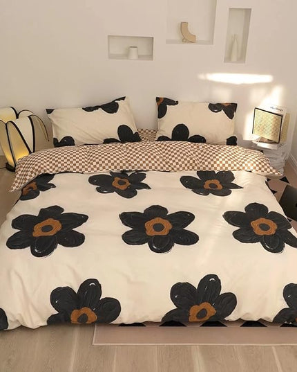 Black and White Comforter Set Black Floral Bedding Twin Comforter Set Hand-Drawn Flowers Cotton Women Modern Elegant Chic Quilts Blankets Lightweight Black Flower Reversible Bed Comforter Set - LeafyLoom