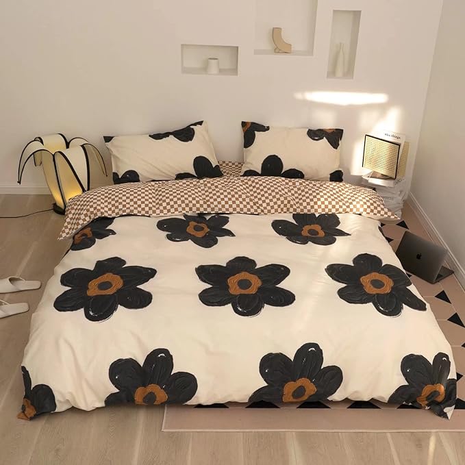 Black Floral Comforter Set Black and White Bedding Queen Comforter Set Flowers Cotton Women Modern Elegant Chic Quilts Blankets Lightweight Black Flower Reversible Bed Comforter Set - LeafyLoom