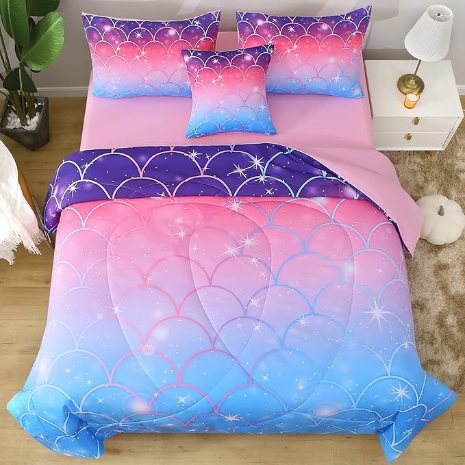 JQinHome Full Size Mermaid Comforter Set, 6 Piece Bed in A Bag 3D Colorful Bedding Set for Girls Kids (1 Comforter,2 Pillowcases,1 Flat Sheet,1 Fitted Sheet,1 Cushion Cover)(Pink Mermaid Scale) - LeafyLoom