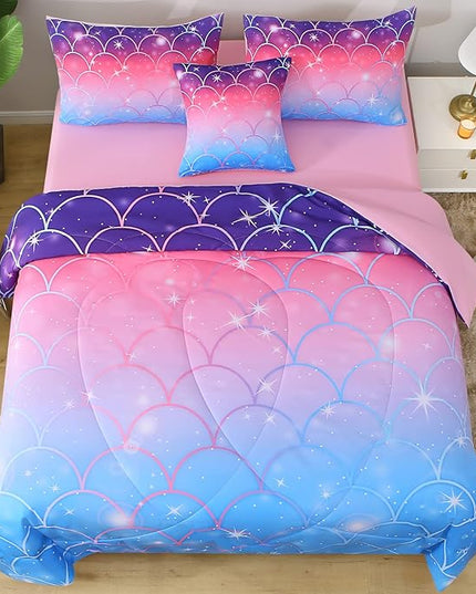 JQinHome Twin Size Mermaid Comforter Set, 6 Piece Bed in A Bag 3D Colorful Bedding Set for Girls kids (1 Comforter,2 Pillowcases,1 Flat Sheet,1 Fitted Sheet,1 Cushion Cover)(Pink Mermaid Scale) - LeafyLoom