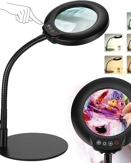 8X Magnifying Glass with Light and Stand, 5 Color Modes Stepless Dimmable Flexible Gooseneck Magnifying Desk Lamp, LED Lighted Magnifier Hands Free for Craft Reading Painting Close Work Hobby - LeafyLoom