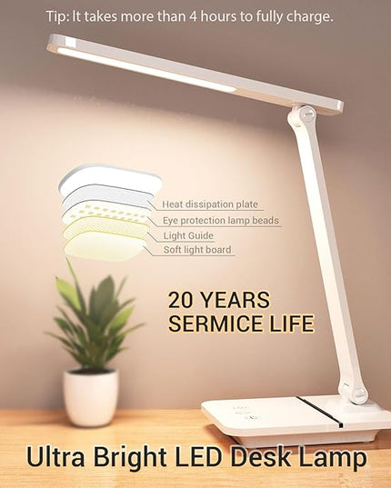Cordless LED Desk Lamp for Home Office, 6000mAh Rechargeable Battery Operated Table Lamps,Eye-Caring Reading Lamp for Students, 3 Lighting Modes & Brightness Dimmer Light for Kids Study - LeafyLoom