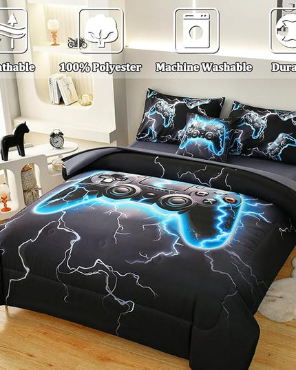 Game Console Full Comforter Set with Sheets, Microfiber 6 Pcs Bed in A Bag Full Size Gamer Bedding Set for Boys Kids Teens - LeafyLoom