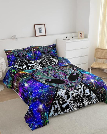 Feelyou Alien Printed Comforter Kids Galaxy Outer Space Themed Bedding Set Boys Girls Trippy Alien Hippie Skull Decor Comforter Set Colorful Tie Dye Quilted Duvet Bedroom Bed Set Full Size… - LeafyLoom