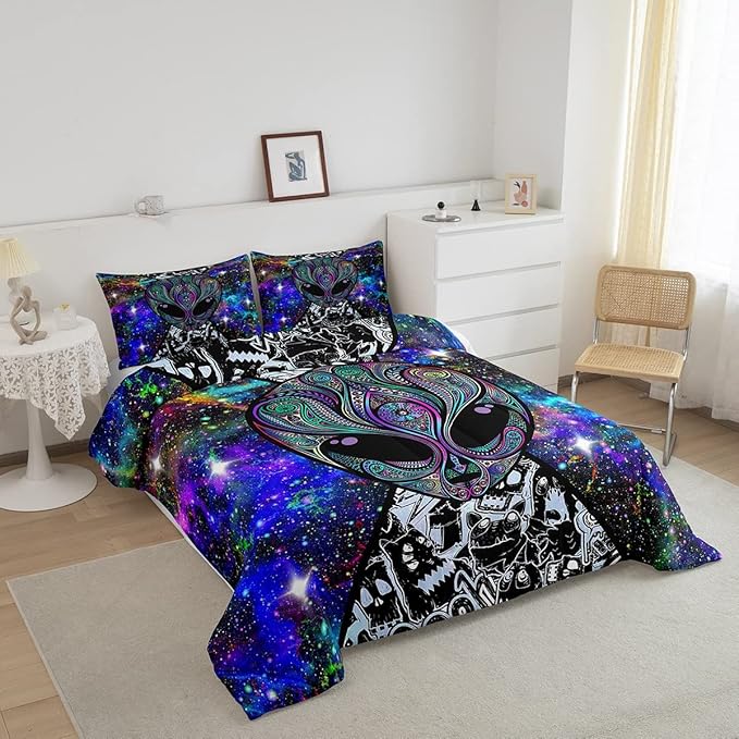 Feelyou Alien Printed Comforter Kids Galaxy Outer Space Themed Bedding Set Boys Girls Trippy Alien Hippie Skull Decor Comforter Set Colorful Tie Dye Quilted Duvet Bedroom Bed Set Full Size… - LeafyLoom