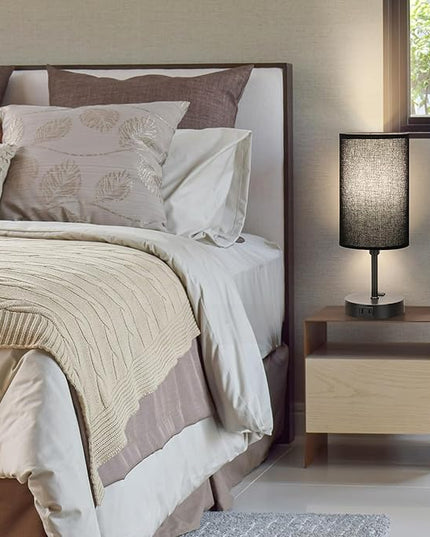 GGOYING Set of 2 Bedroom Table Lamp, Bedside Lamps with 3-Color Modes LED Bulbs, AC Outlet, Black Lampshade Nightstand Lamp for Living Room Nightstand Office - LeafyLoom