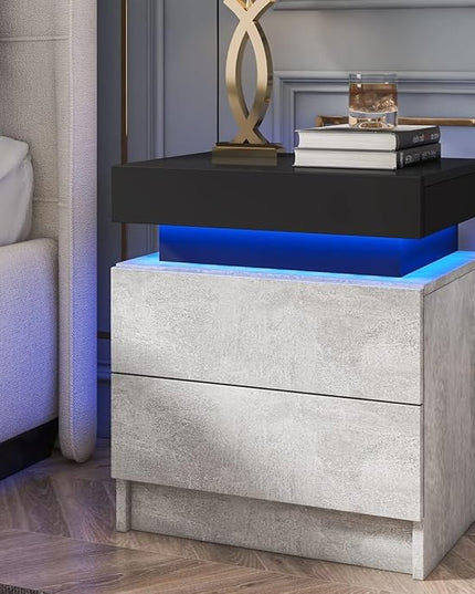 HOMMPA LED Nightstand Grey Matte Bedside Table with Led Lights Modern Night Stand with 2 Drawers Led Night Table Smart Nightstand for Bedroom 20.5” Tall - LeafyLoom