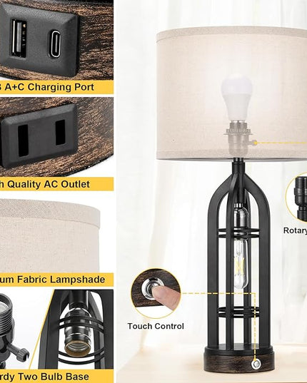 Table Lamp for Living Room - Lamps Set of 2 with USB C+A & Outlet, 3-Way Dimmable Farmhouse Lamps for Night Stands, Rustic Bedside Lamp for End Tables, Industrial Nightstand Lamps for Bedroom - LeafyLoom