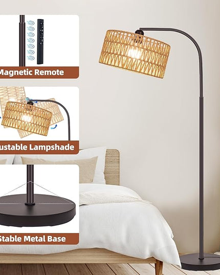 Boho Floor Lamp with Dimmable Bulb, Rattan &Linen Double Shades, Bronze Boho Standing Tall Lamps with Foot Switch, Bohemian Floor Lamps for Living Room, Bedroom, Office - LeafyLoom
