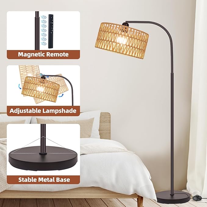 Boho Floor Lamp with Dimmable Bulb, Rattan &Linen Double Shades, Bronze Boho Standing Tall Lamps with Foot Switch, Bohemian Floor Lamps for Living Room, Bedroom, Office - LeafyLoom