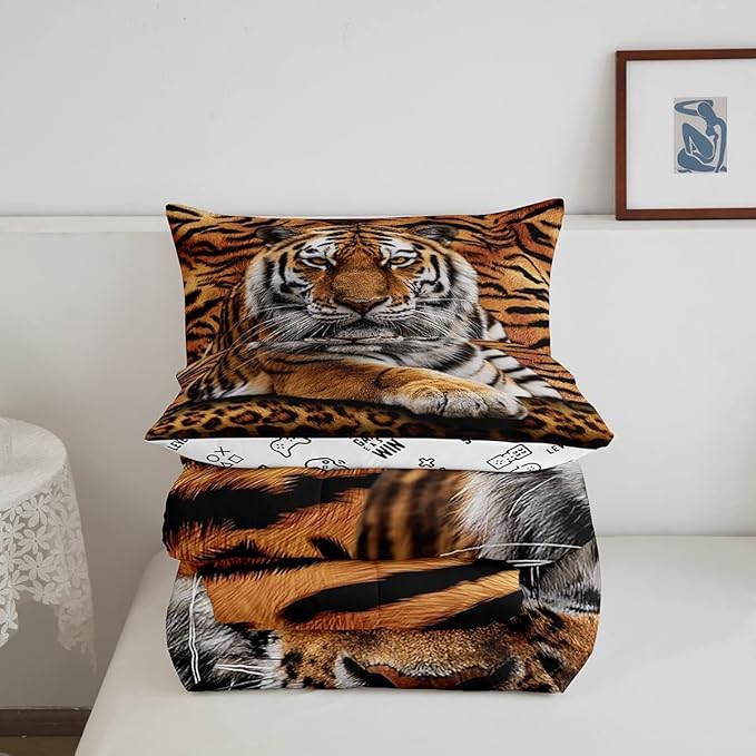 Tiger 3D Print Comforter Set King Size,Wild Animals Bedding Set 3pcs for Kids Teens Adults Bedroom Decor,Abstract Animal Fur Quilt Set Soft Breathable Duvet Insert with 2 Pillowcases,Brown Rustic - LeafyLoom