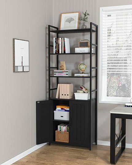 BLack Bookshelf with Doors,70" Tall Bookcase with Storage Cabinet,6 Tier Book Shelf for Living Room/Bedroom/Office/Kitchen,70"(H)*26"(L)*11.8"(W) - LeafyLoom