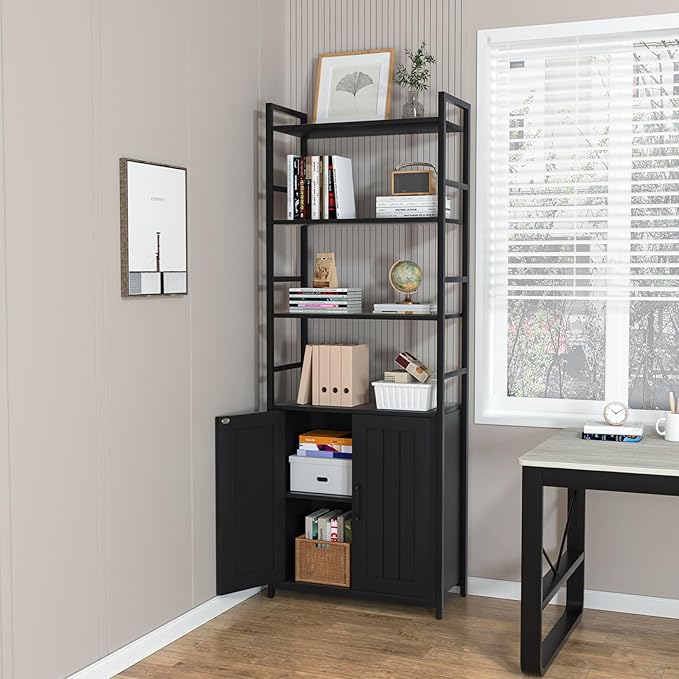 BLack Bookshelf with Doors,70" Tall Bookcase with Storage Cabinet,6 Tier Book Shelf for Living Room/Bedroom/Office/Kitchen,70"(H)*26"(L)*11.8"(W) - LeafyLoom