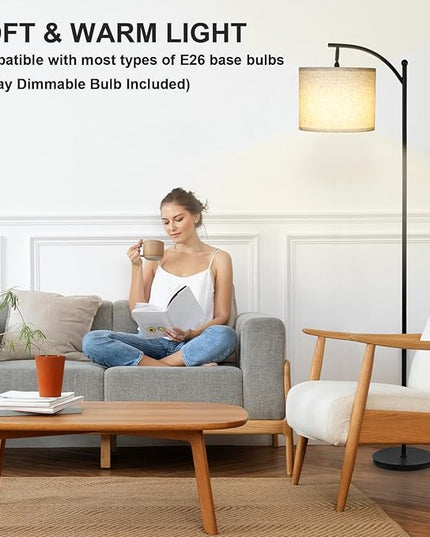 Modern Floor Lamp, 3-Ways Dimmable Standing Lamp with Linen Shade, Adjustable Height, Foot-Step Switch, Reading Lamp for Living Room, Bedroom, Office, 9W Bulb Included (Black) - LeafyLoom