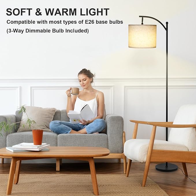 Modern Floor Lamp, 3-Ways Dimmable Standing Lamp with Linen Shade, Adjustable Height, Foot-Step Switch, Reading Lamp for Living Room, Bedroom, Office, 9W Bulb Included (Black) - LeafyLoom