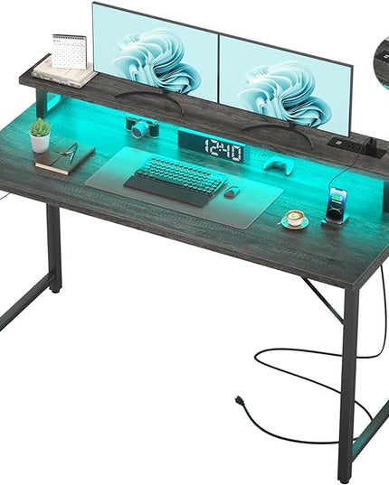 Computer Desk with USB Power Outlets and LED Lights, 55 inch Gaming desk with Monitor Stand for Small Space Home Office, Modern Simple Study Writing Table PC Desks, Black Oak - LeafyLoom