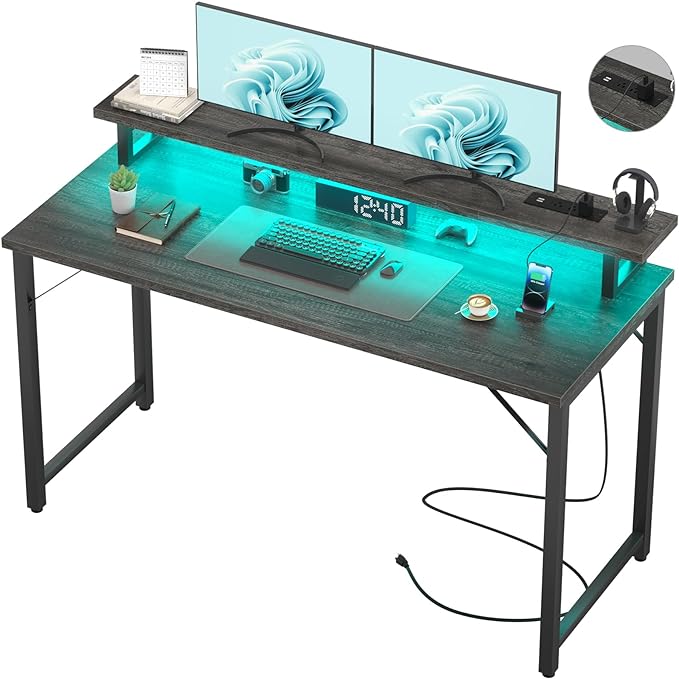 Computer Desk with USB Power Outlets and LED Lights, 55 inch Gaming desk with Monitor Stand for Small Space Home Office, Modern Simple Study Writing Table PC Desks, Black Oak - LeafyLoom
