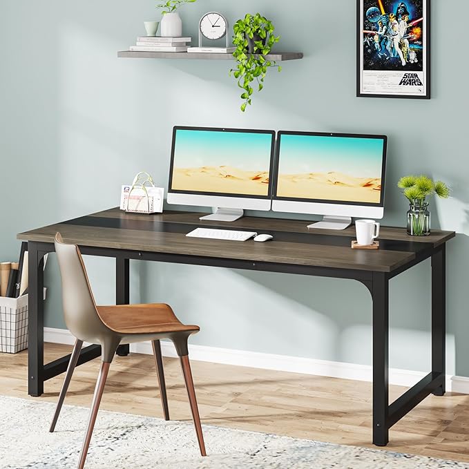 Tribesigns Modern Computer Desk, 63 x 31.5 inch Large Office Desk Computer Table Study Writing Desk Workstation for Home Office, Grey/Black - LeafyLoom