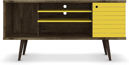 Manhattan Comfort Liberty Mid Century Modern TV Stand for Televisions up to 50 Inches, Bedroom and Living Room Entertainment Center with Storage, Shelves, and Cabinet, 53" Wide, Rustic Brown/Yellow - LeafyLoom
