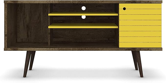 Manhattan Comfort Liberty Mid Century Modern TV Stand for Televisions up to 50 Inches, Bedroom and Living Room Entertainment Center with Storage, Shelves, and Cabinet, 53" Wide, Rustic Brown/Yellow - LeafyLoom