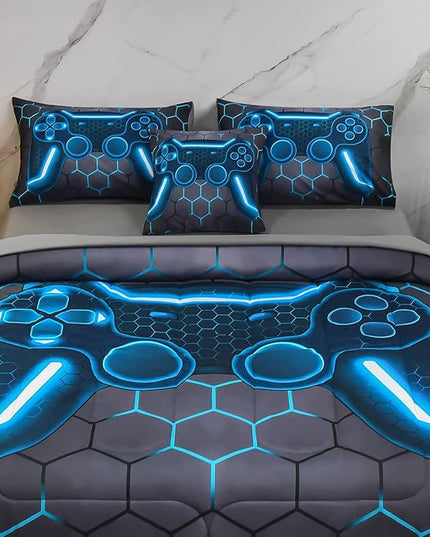 6Pcs Game Console Comforter Set with Sheets for Boys Girls Kids Teens, Geometric Gaming Themed Bed in A Bag Twin Size, Blue 3D Video Gamer Controller Bedroom Decor Bedding Set - LeafyLoom