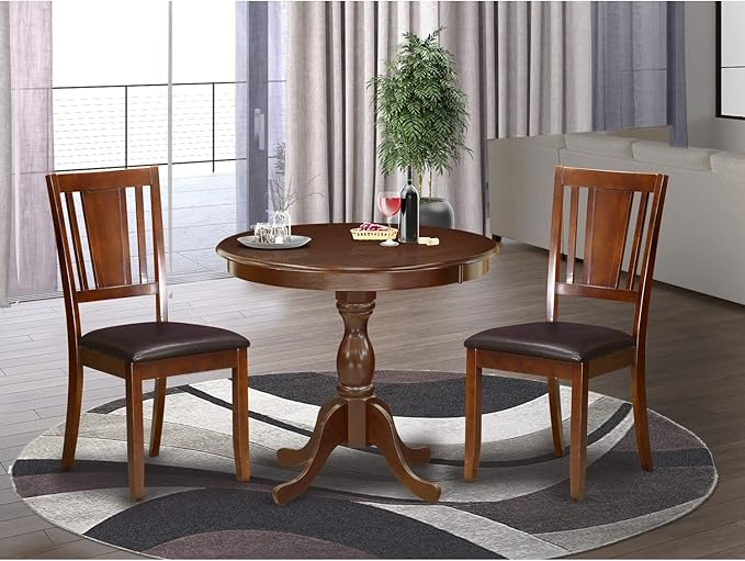 East West Furniture Antique 3 Piece Modern Set Contains a Round Kitchen Table with Pedestal and 2 Faux Leather Dining Room Chairs, 36x36 Inch, Mahogany - LeafyLoom