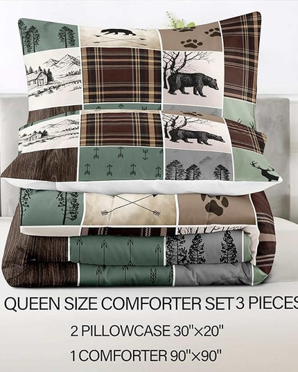 LUVIVIHOME 3PCS Rustic Cabin Comforter Set, Brown Plaid Patchwork Sage Green Queen Comforter, Black Bear Deer Elk Moose Woodland Forest Animal Wildlife Lodge Country Farmhouse Bedding, 2 Pillow Shams - LeafyLoom