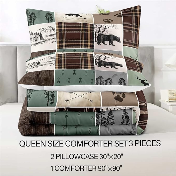 LUVIVIHOME 3PCS Rustic Cabin Comforter Set, Brown Plaid Patchwork Sage Green Queen Comforter, Black Bear Deer Elk Moose Woodland Forest Animal Wildlife Lodge Country Farmhouse Bedding, 2 Pillow Shams - LeafyLoom