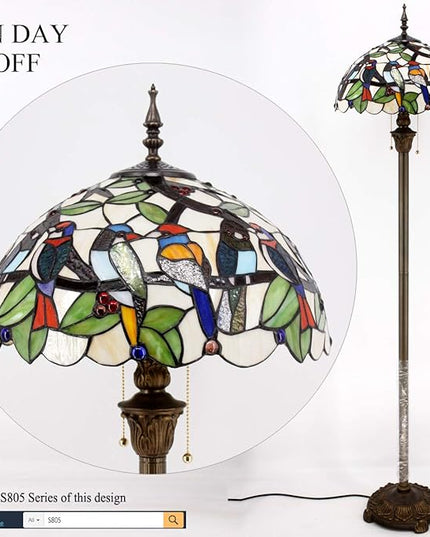 WERFACTORY Tiffany Floor Lamp Double Birds Amber Stained Glass Standing Reading Light 16X16X64 Inches Antique Pole Corner Lamp Decor Bedroom Living Room Home Office S805 Series - LeafyLoom