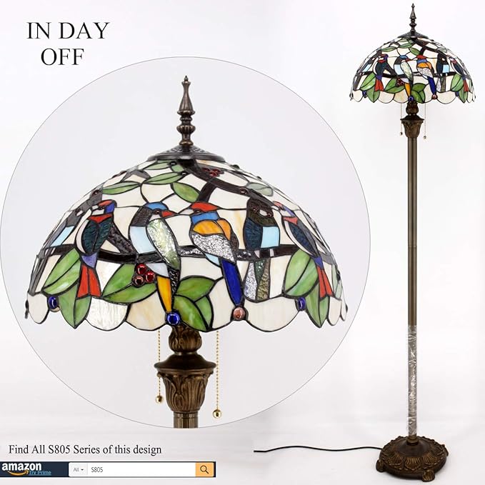 WERFACTORY Tiffany Floor Lamp Double Birds Amber Stained Glass Standing Reading Light 16X16X64 Inches Antique Pole Corner Lamp Decor Bedroom Living Room Home Office S805 Series - LeafyLoom