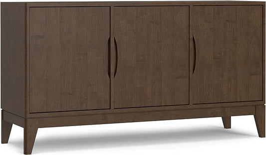 SIMPLIHOME Harper Solid Hardwood and Rubberwood 60 inch x 17 inch Rectangle Mid Century Modern 3 Door Sideboard Buffet/Storage Cabinet in Walnut Brown for The Dining Room and Kitchen - LeafyLoom