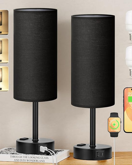 Black Touch Table Lamps Set - 3 Way Dimmable Bedroom Bedside Lamps Set of 2 with USB C and A Ports, Small Lamps for Nightstand with AC Outlet, Round Flaxen Shade for Desk, Office, Dorm, Nursery - LeafyLoom